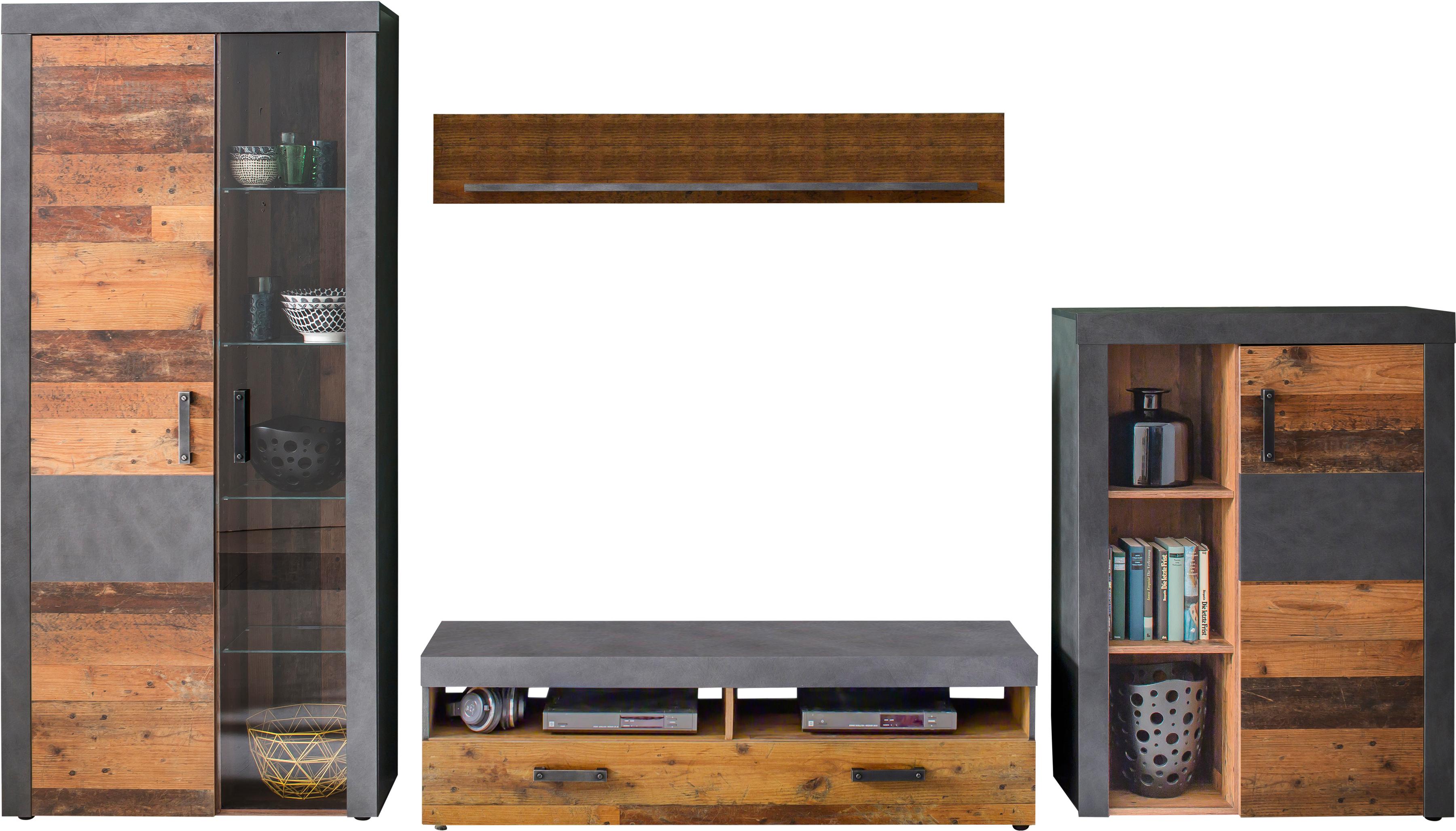 Wohnwand INOSIGN "Ilana", grau (graphit grau matera, old wood farben), Kastenmöbel-Sets, Wohnwand, moderne Wohnwand im Industrial Style - Beleuchtung optional