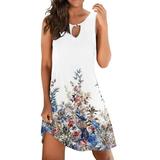 knqrhpse Sundresses for Women Summer Dresses for Women Midi Dresses for Women Sun Summer Loose Dress Sleeveless Floral Print V Neck Hollow Out Beach Dress Mini Dress Womens Dresses White Dress M