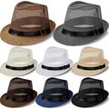 Men Straw Fedora Hat Cowboy Race Day Panama Hat Plaid Sun Protection Jazz Hats Summer Beach Short Brimmed Mesh Hats for Traveling Fishing