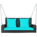 Porch Swing 2-Seat Patio Rattan Wicker Porch Swings Outdoor W/ Two 7.9 Ft Solid Steel Chain Comfortable Back & Seat Cushions For Front Porch Garden Backyard Patio Swing (Turquoise)