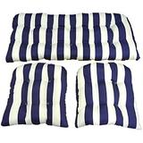 3 Piece Wicker Cushion Set - Navy Blue And White Stripe Indoor / Outdoor Fabric Cushion For Wicker Loveseat Settee & 2 Matching Chair Cushions