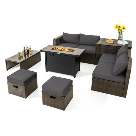 Topbuy 9 Pieces Outdoor Patio Furniture Set with 42 Propane Fire Pit Table Outdoor PE Wicker Space-Saving Sectional Sofa Set Gray