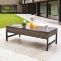 Metal Outdoor Side Coffee Table Patio Bistro Living Room Dining Table Wood Grain Top Wicker Rattan Furniture With Steel Legs Brown Black (Rectangle)