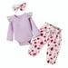 Odeerbi Infant Two-piece Set Baby Infant Girls Bow Outfits Flowers Print Ruffle Cotton Clothes Toddler Kids Bow Three-piece Outfit Purple