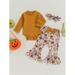 Peyakidsaa Infant Baby Boy Girl Halloween Outfit Bodysuit Pumpkin Print Flare Pant Headband Set