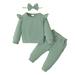 2T Baby Girls Clothes 3T Girls 3PCS Outfits Set Solid Color Toddler Girls Long Sleeve Top Pants Set with Headband Green