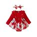 Huakaishijie Newborn Baby Girl Clothes Long Sleeve Flower Print Lace Trim Suspender Dress Romper + Hairband