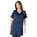 Plus Size Women's Short-Sleeve V-Neck Ultimate Tunic by Roaman's in Blue Graphic Blossom (Size 4X) Long T-Shirt Tee