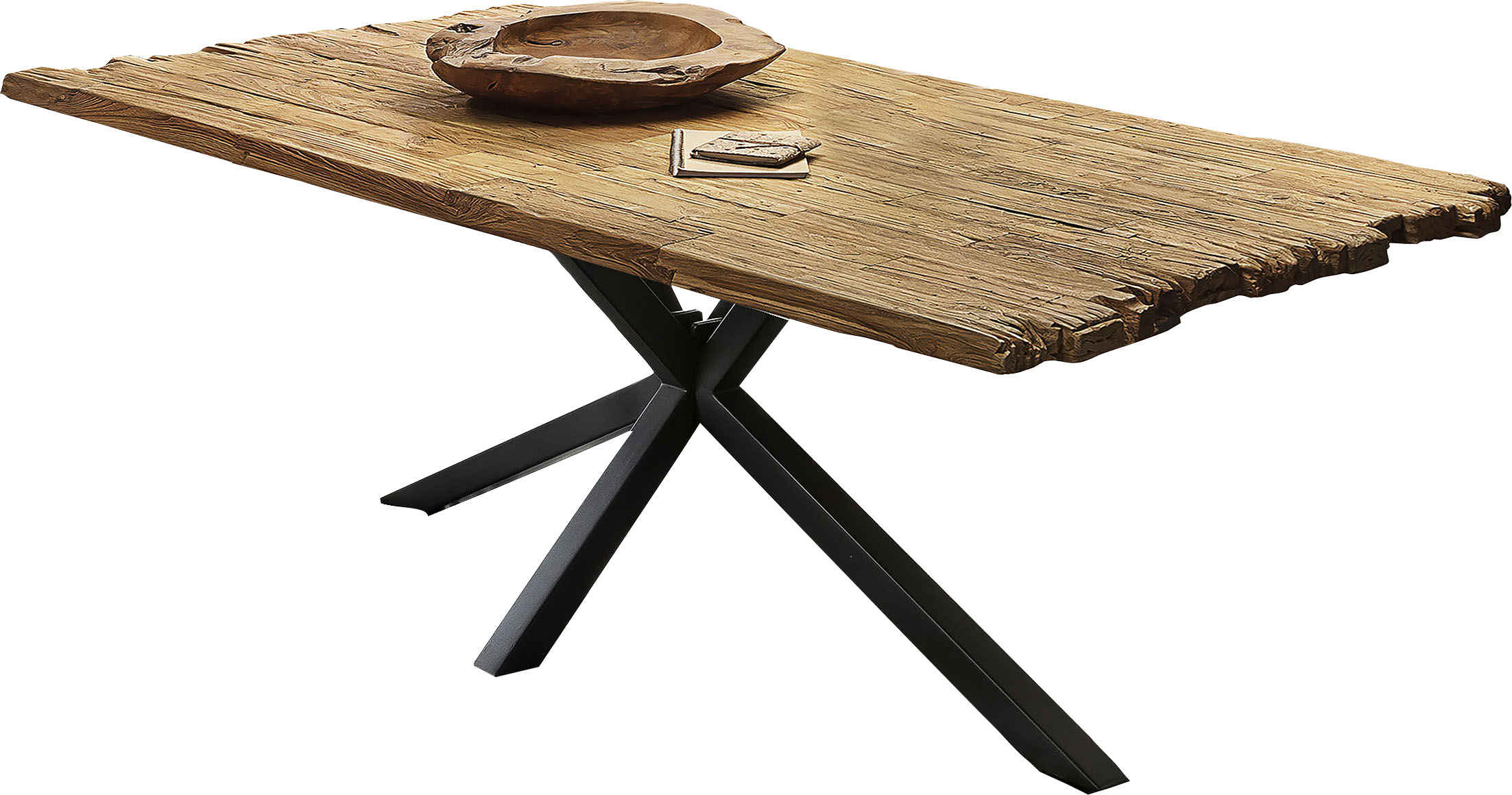 Esstisch SIT, beige (natur, antikschwarz, antikschwarz, natur), B:220cm H:79cm T:100cm, Platte recyceltes Teak, Gestell Metall, Tische, Esstisch, Platte aus recyceltem Teak