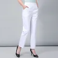 Pantalon blanc de printemps pour femmes d'âge moyen et âgées fin taille élastique pantalon droit