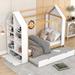 Twin Size House Bed with Trundle and Storage Shelves, Montessori Bed Platform Bed with Roof, Solid Wood Playhouse Bed Frame