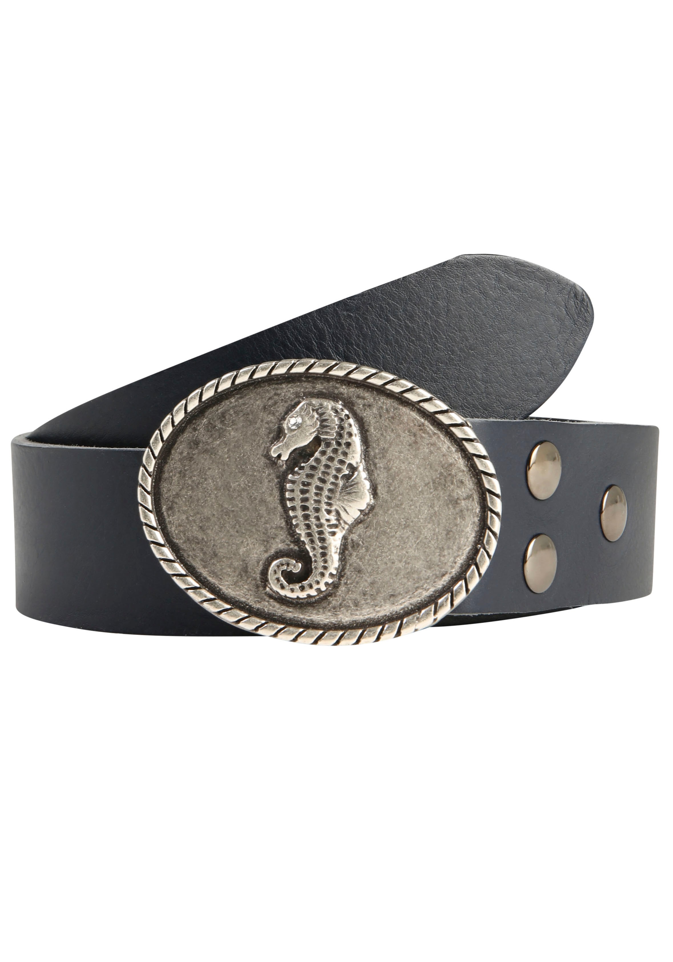 Ledergürtel RETTUNGSRING GÜRTEL, Damen, Gr. 85, blau (dunkelblau), Leder, unifarben, Gürtel Ledergürtel, Schließe »Seepferd Oval Silber Mit Swarovski-Kristall Verdelt« Image