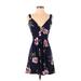 Planet Gold Casual Dress - A-Line Plunge Sleeveless: Blue Floral Dresses - Women's Size 2X-Small