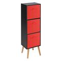 URBNLIVING Wooden Storage 3 Tier Bookcase Scandinavian Style BEECH Legs Unit With Drawers (Black Bookcase, Red Insert)