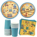 Funny Dinosaur Engineering Car Party Tableware Cartoon Dino Construction Vehicles Plates Napkins