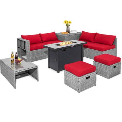 Costway 9 Pieces Patio Furniture Set with 42 Inches 60000 BTU Fire Pit-Red