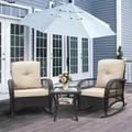 3 Pieces Conversation Set Outdoor Wicker Rocker Patio Bistro Set Rocking Chair with Glass Top Side Table 11346