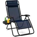 Reclining Chair Outdoor Patio Recliner With Cup Holder & Removable Pillow Adjustable Backrest Indoor Lounge Chair For Backyard Garden Poolside (Navy)