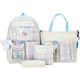 DanceeMangoo 4 PCS Plaid Backpack Combo Set Cute Accessories School Bag Set Large Capacity with Pencil Box Lunch Bag (Light Blue)