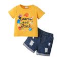 Quealent Outfit Baby Boy Summer Casual Short Sleeves Letter Prints Hole Jeans Shorts Pants 2pcs Outfits Set Pack Baby Boy Denim Boys Childrenscostume Yellow 18-24 Months