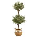 Nearly Natural 4.5 ft. Artificial Olive Double Topiary & 5 ft. Artificial Bougainvillea Tree with Handmade Jute Cotton Basket with Tassels Green