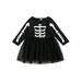 TOPGOD Little Girlâ€™s Casual Long Sleeve Dress Fashion Skull Print Mesh Yarn Stitching A-line Dress