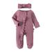 Suanret Newborn Baby Girls Footies Rompers Frills Long Sleeve Baby Jumpsuits Clothes Bodysuits with Headband Purple Newborn