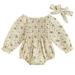 Xkwyshop Infant Baby Girls 2Pcs Fall Outfits Off Shoulder Long Sleeve Floral Smocked Bodysuit with Headband Set