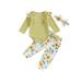 Suanret 3Pcs Newborn Baby Girls Tops Pants Outfits Ruffle Long Sleeve Romper Pants Headband Clothes Sets Yellow 3-6 Months