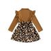 Suanret Kids Girls Leopard Patchwork Dress Long Sleeve Bowknot Decoration A-Line Dress Party Prom Dress Brown 5 Years