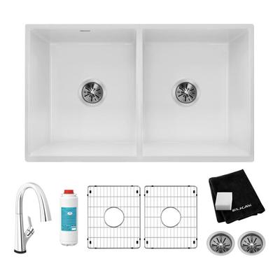 Zurn Elkay SWUF32189WHFLC 33" x 19 15/16" White Fireclay Double Bowl Farmhouse Sink Kit with Filtered Faucet