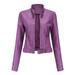 Wyongtao Women Faux Leather Jacket Slim Stand Collar Zip Motorcycle Cropped Coat with Belt Purple S