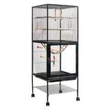 iKayaa 56.5 Inch Wrought Iron Wire Bird Parrot Rolling Cage with Bottom Storage Shelf Lockable Casters Acrylic Birds Cage Flight Cage Suitable for Small Medium Sized Birds Canary Macaw Cockatoo P