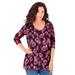 Plus Size Women's Long-Sleeve V-Neck Ultimate Tee by Roaman's in Berry Bold Roses (Size 18/20) Shirt