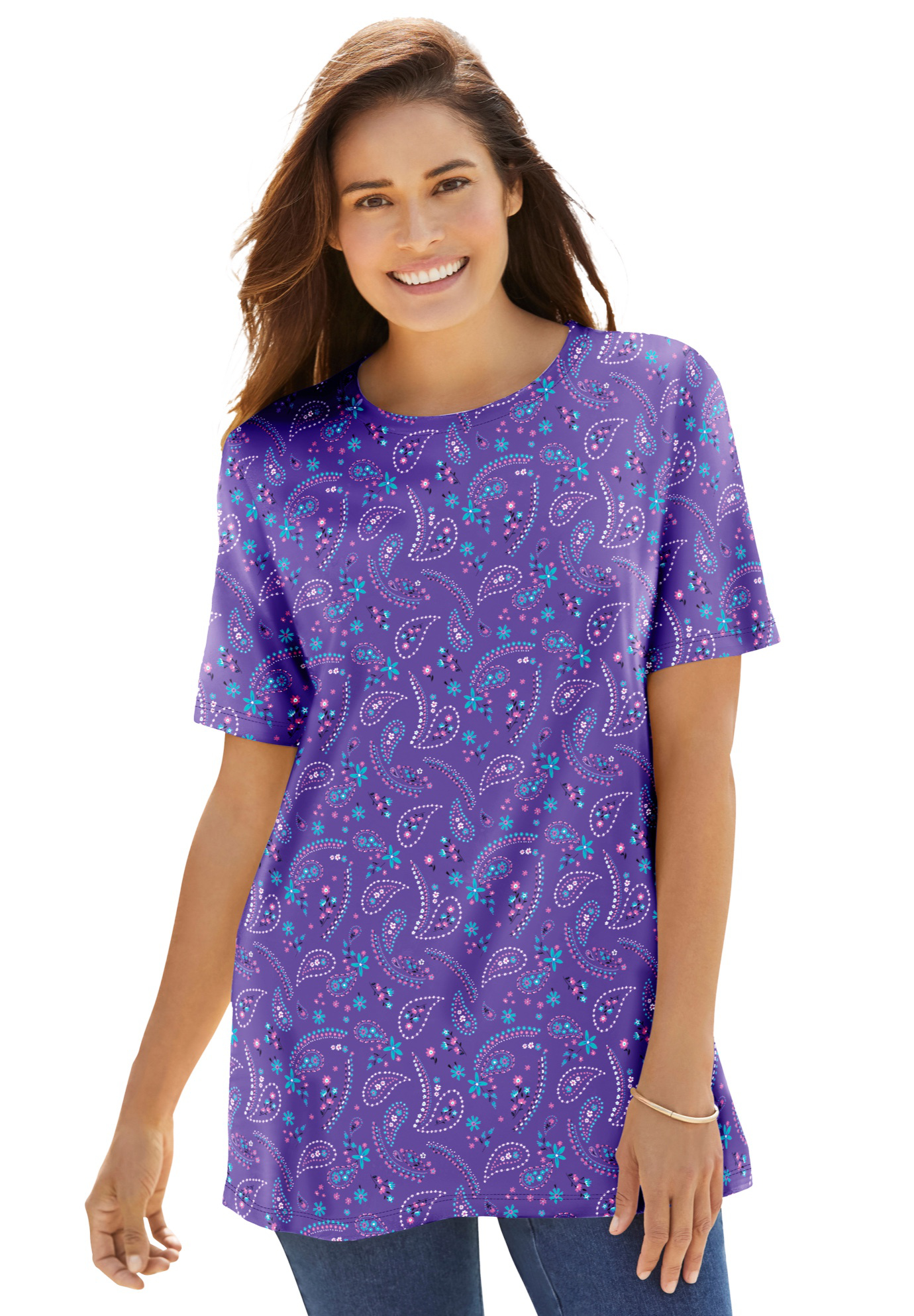 Plus Size Women's Perfect Printed Short-Sleeve Crewneck Tee by Woman Within in Petal Purple Floral Paisley (Size S) Shirt