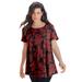 Plus Size Women's Swing Ultimate Tee with Keyhole Back by Roaman's in Black Red Leaves (Size S) Short Sleeve T-Shirt