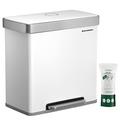 SONGMICS Kitchen Bin, 2 x 30L Stainless Steel Pedal Rubbish Bin with 15 Trash Bags, Recycling and Waste, with Plastic Inner Buckets, Lid, Soft Closure, 58.2 x 31.5 x 60.5 cm, White LTB202W01