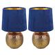 Britalia 2 Pack - Gold Ceramic Vintage Hammered Globe Table Desk Lamp with Blue Velvet Shade | 26cm Height | 1 x SES E14 Lamp Bulb Required | UK Approved | Retro Design | Tapered Drum Lampshade