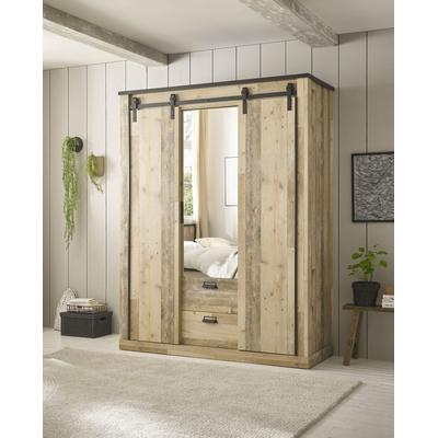 Kleiderschrank HOME AFFAIRE "SHERWOOD Schlafzimmerschrank mit Spiegel,2 Schubladen, Wäscheschrank", braun (old style hell dekor), B:161cm H:209cm T:63cm, Schränke, Scheunentorbeschlag aus Metall, Schubkasten "Soft close", B/T/H 161/63/209cm Image