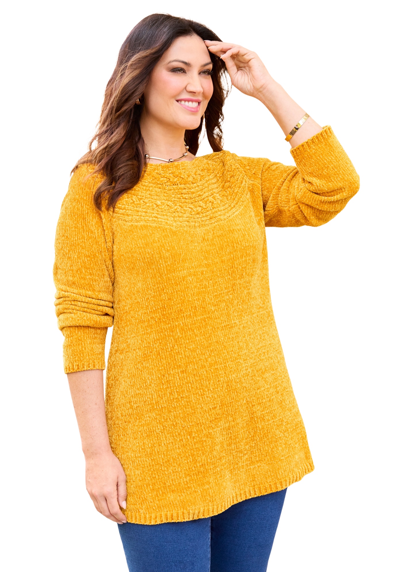 Plus Size Women's Chenille Cable-Knit Boatneck Sweater by Catherines in Honey Mustard (Size 3X)
