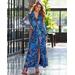 Boston Proper - Knightsbridge Fleurs Print Shimmer Front Slit Maxi Dress Blue - 0