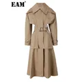 [EAM] Women Cut-out Big Size Camel Long Trench New Lapel Long Sleeve Loose Fit Windbreaker Fashion