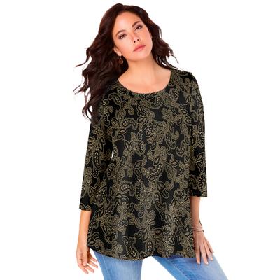 Plus Size Women's Three Quarter Sleeve Swing Ultimate Tee by Roaman's in Black Outline Vines (Size 34/36) Shirt