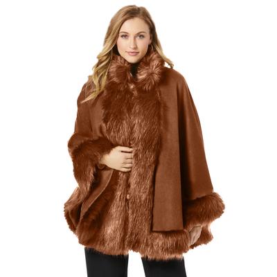 Plus Size Women's Faux Fur Trim Wool Cape by Jessica London in Cognac (Size 14/16) Wool Poncho Hook and Eye Closure