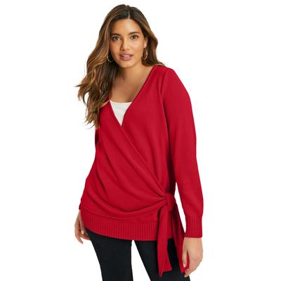 Plus Size Women's Touch of Cashmere Wrap-Front Cardigan by June+Vie in Classic Red (Size 14/16)
