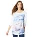 Plus Size Women's Travel Graphic Long-Sleeve Tee by Roaman's in White Winter Print (Size 30/32)