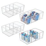 4 Pack Food Storage Organizer Bins â€“ Clear Plastic Removable Snack Organizer Pantry Organization Storage Racks with 3 Dividers Kitchen Cabinets Snacks Packets Spices Pouches Stackable Bins