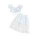 Sunisery Girl s Two-Piece Suit Toddler Kid Girl Ruffle Trim Drawstring Pleated Short Sleeve Tops Patchwork Mesh Shorts