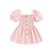 Sunisery Little Girlâ€™s Puff Short Sleeve Dress Solid Color Square Collar Button A-line Dress