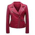 Wyongtao Women s Faux Leather Jackets Biker Moto Jacket Standing Collar Long Sleeve Short Casual Coats with Pockets Red L